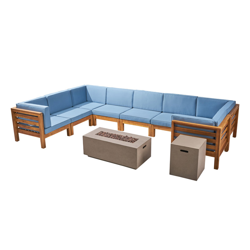 Ajanai 6 - Person Modular Patio Conversation Set with Cushions, Teak Frame / Blue Cushion