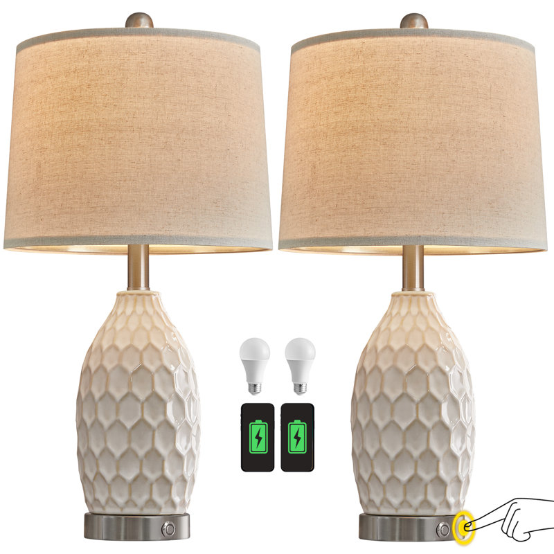 Intissar 3-Way Dimmable Ceramic Bedside Lamp with USB Port for Desk, Office