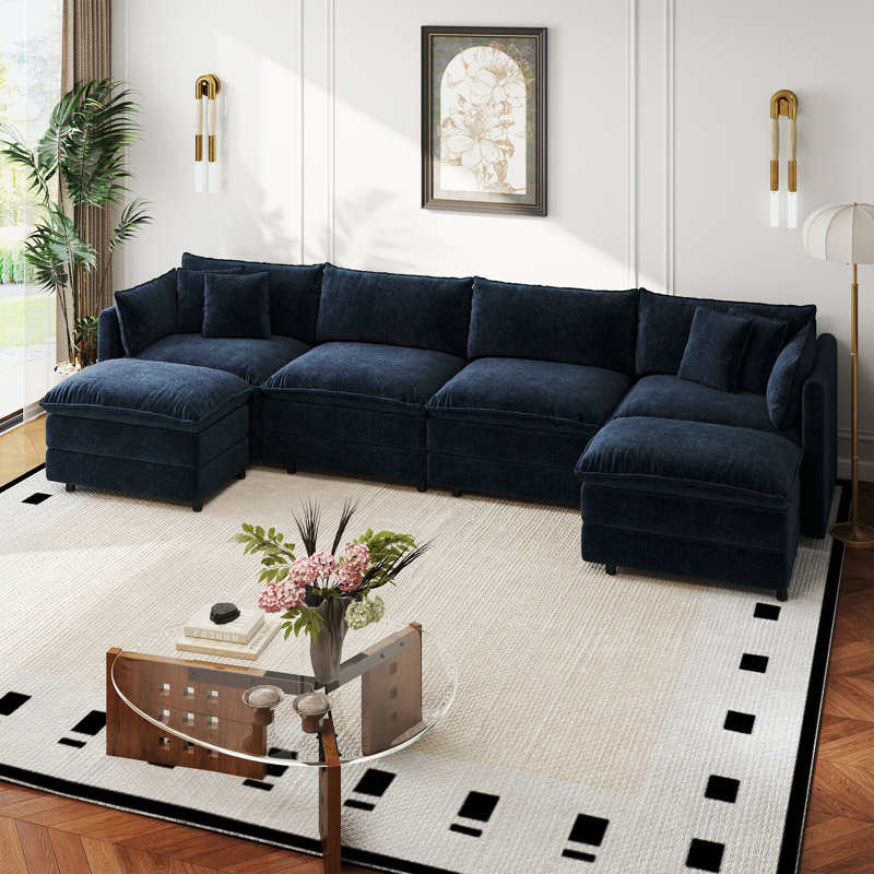 Canapé-lit en chenille moderne avec repose-pieds, H 33,85 po x l 147,22 po x P 35,82 po, Chenille bleu