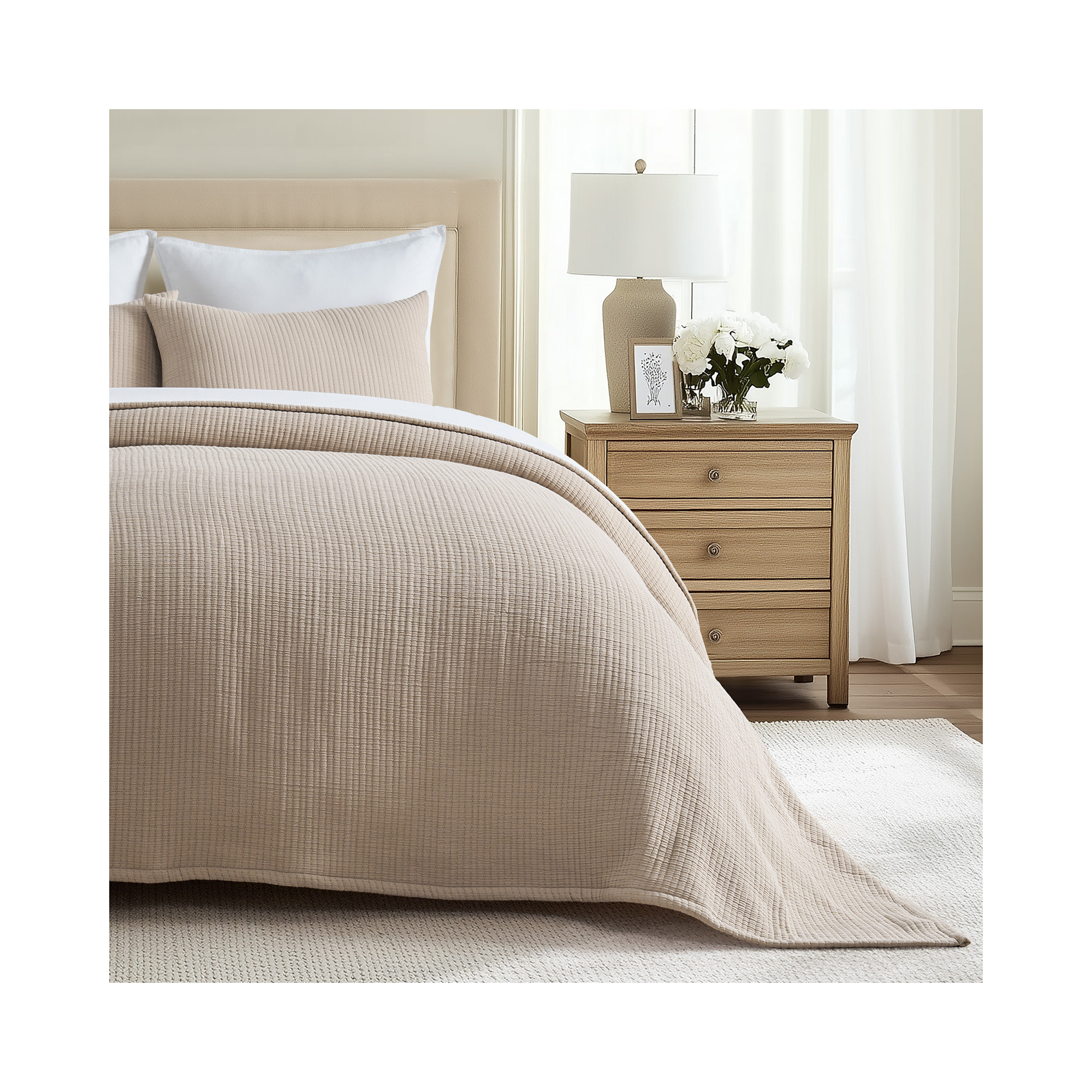 Solid Cotton Gauze Pick-stitch Matelesse Coverlet Bedspread set, King Quilt + 2 King Shams, Khaki Tan