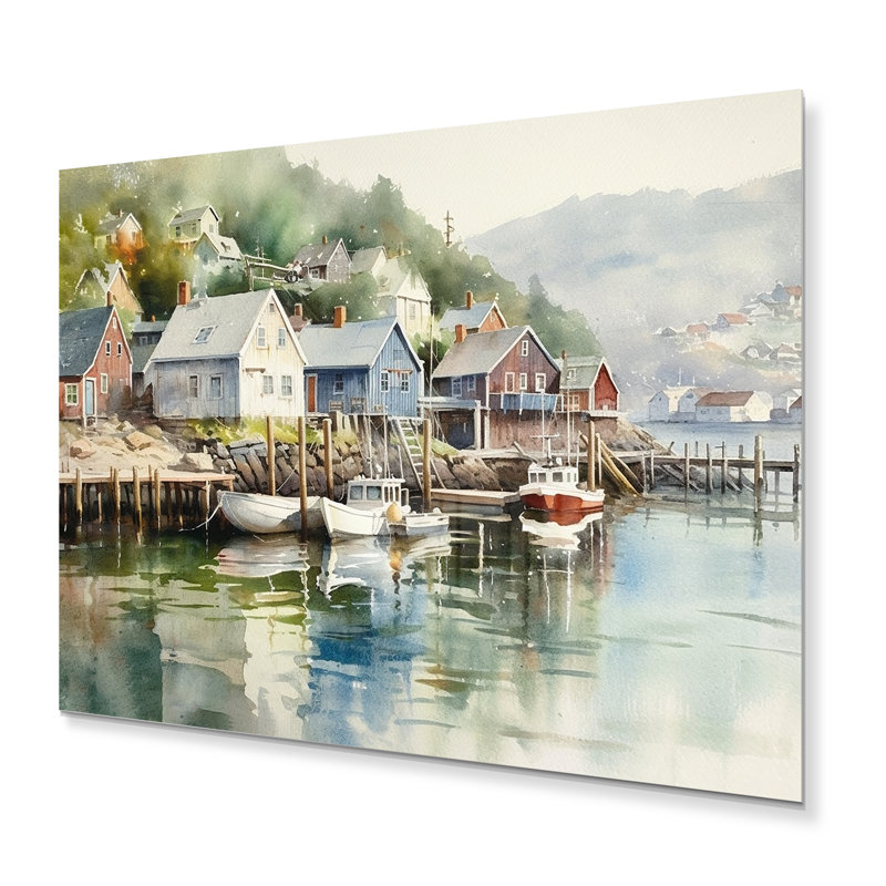 Petite ville portuaire de Norvège II - impression sur métal sans cadre, H 16 po x l 32 po x P 1 po