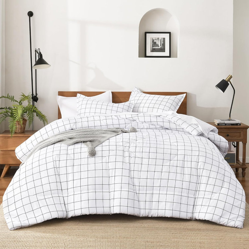 Ensemble d'édredon pour grand lit Andency en vichy blanc à carreaux quadrillés Andency, Grand (90 * 90 po), White Grid