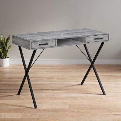 Bureau d'ordinateur gris ardoise avec 2 tiroirs et tablette ouverte, table de travail contemporaine à base en X pour bureau d'ordinateur portable, bureau rectangulaire compact de 42 pouces