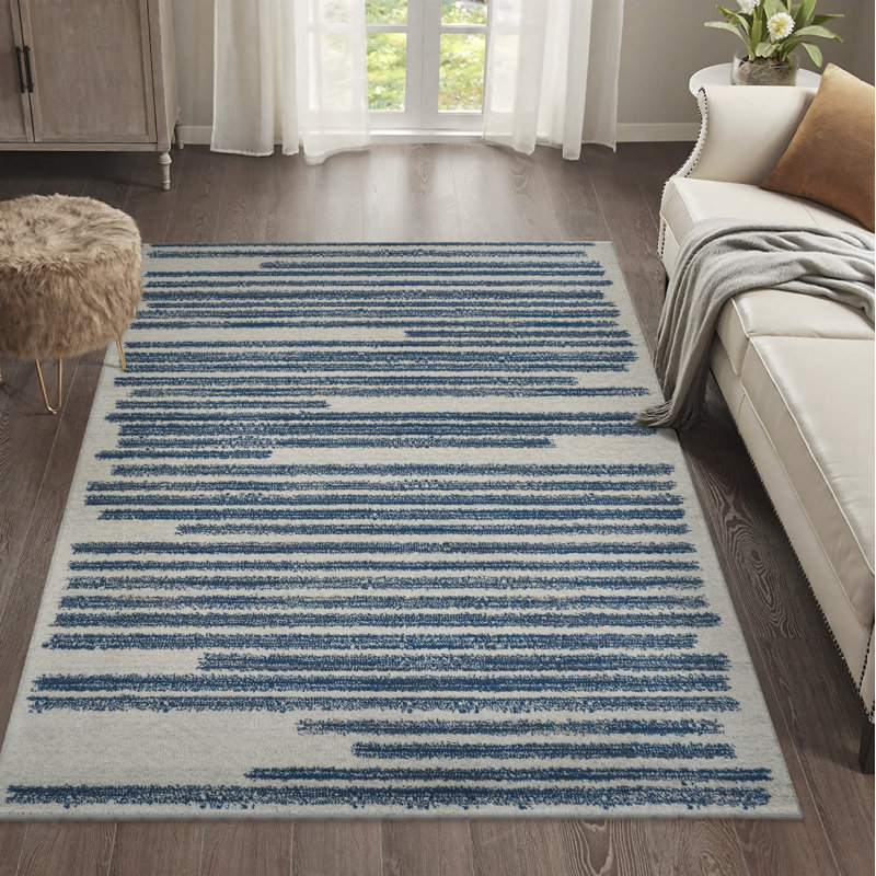 Baumgardner Modern Berber Stripe Cream/Navy Rug, Rectangle 3' x 5'