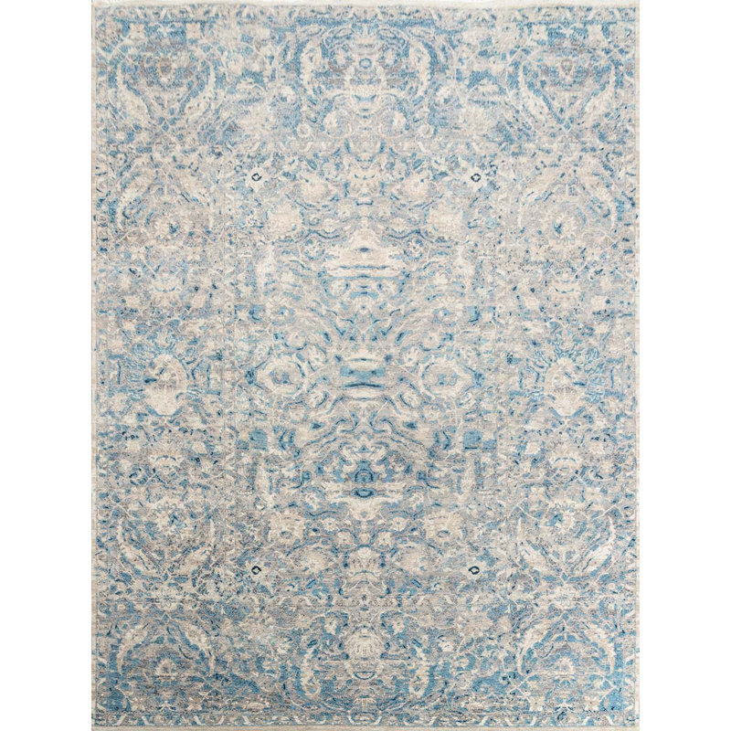 Tapis beige et bleu noué à la main de haute qualité, Rectangle 8 pi x 10 pi