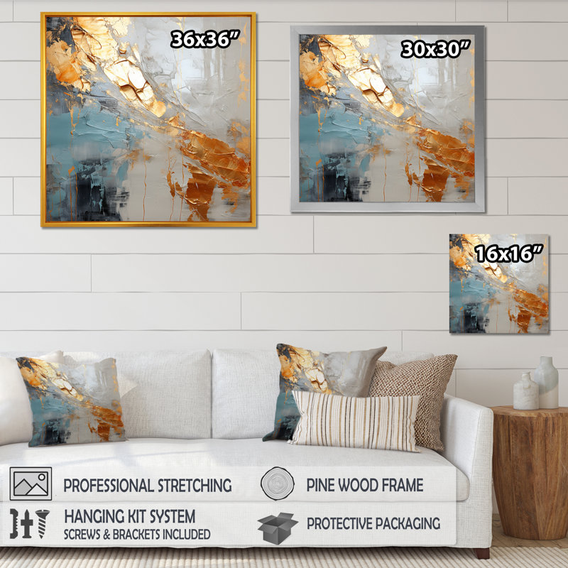 Or et gris, formes liquides modernes III - décoration murale abstraite, Cadre flottant doré, 30" H x 30" W
