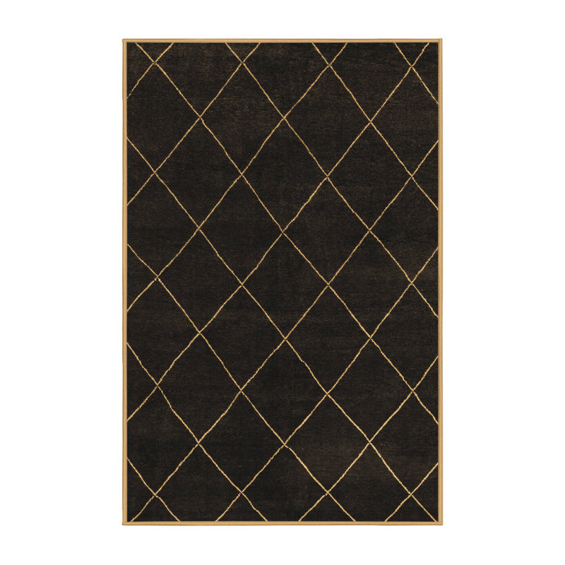 Tapis géométrique en laine / polyester tissé à la machine en noir / beige, Rectangle 2 pi x 3 pi