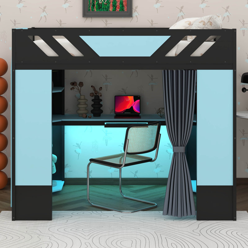 Full Size Wood Loft Bed With Built-In Workstation, Smart Storage, RGB Lighting & Blackout Curtains, Black+Cloud Blue