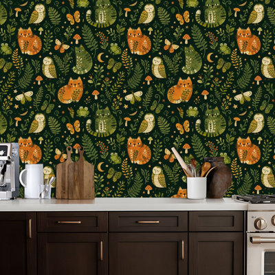 Peel and Stick Wallpaper Green Forest Cats Fairy Girl Elves Kitten Summer Spring Baby Kid Black Contact Paper Removable Self Adhesive Wall Mural Wall Decor for Bedroom Kitchen Cabinets 24in x 118in