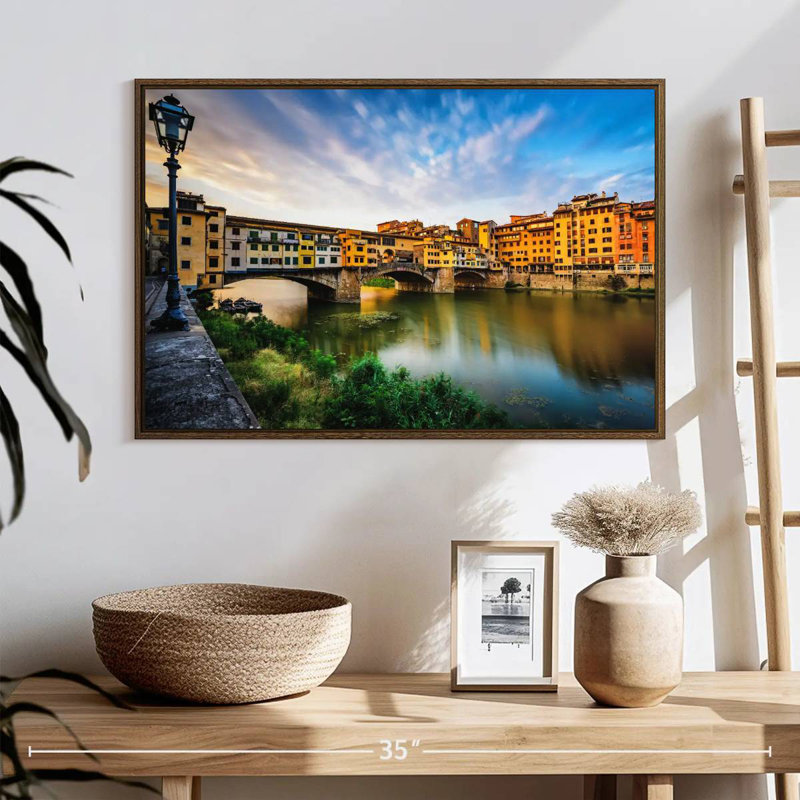 Ponte Vecchio, paysage fluvial, Cadre flottant doré, 31 po x 21 po