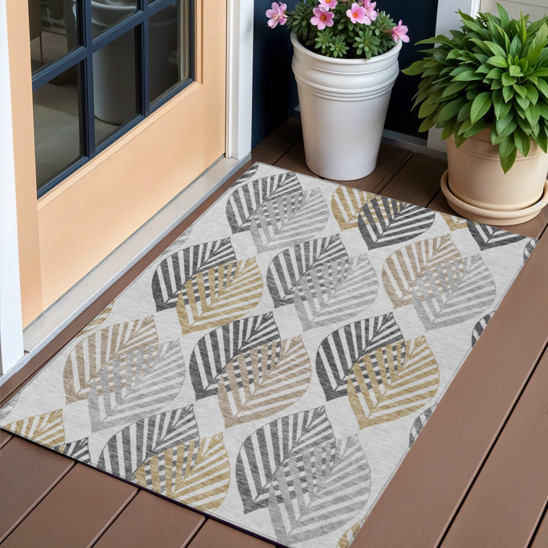 Tapis extérieur lavable à motif floral gris argenté et doré 3 pi x 5 pi