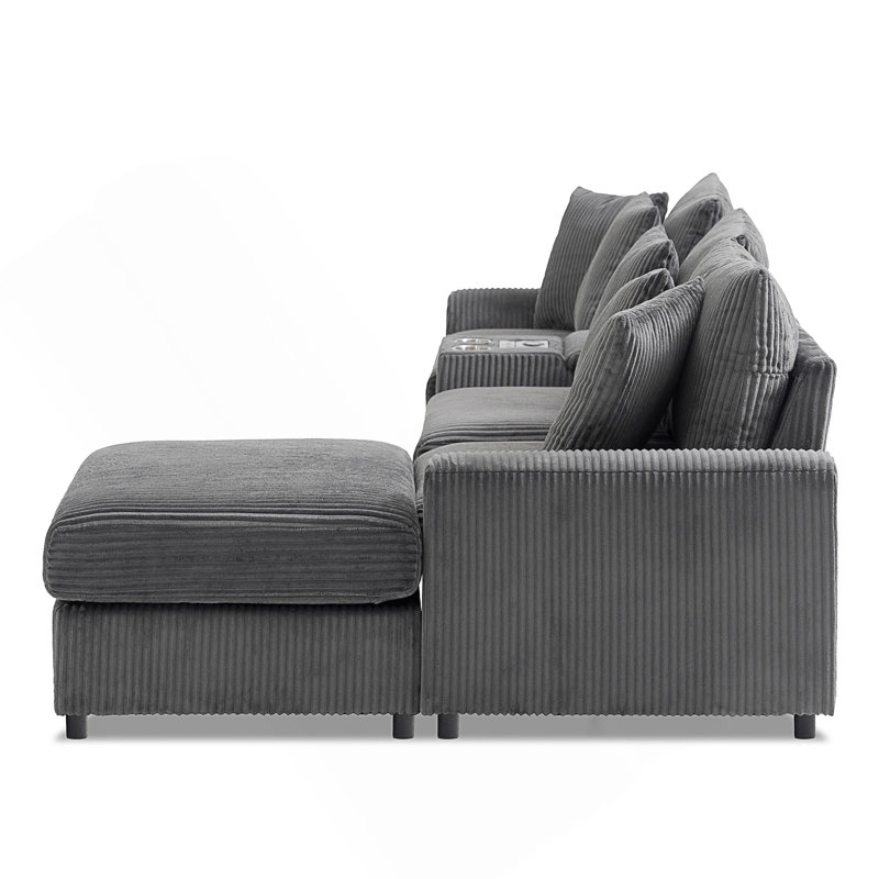 Canapé modulaire de 112 po x 64 po avec haut-parleurs Bluetooth, canapé en L avec console, chargeur USB, porte-gobelets, rangement, repose-pieds, canapé à sièges profonds et larges