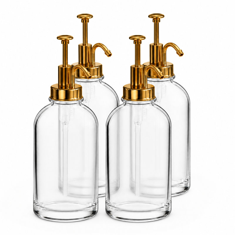 Coffee Syrup Dispenser Set, 4 Pack 16.9 oz Glass Bottles with Pump and Labels for Home Coffee Bar and Cafe, Gold