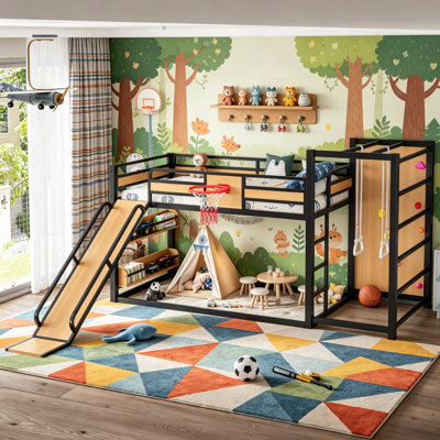 Play Loft Bed with Slide and Storage Bookcase, Kids Activity Loft Bed with Climbing Wall and Basketball Hoop & Pull Up Rings for Playroom Sport Bedroom, Yellow, Twin XL Size