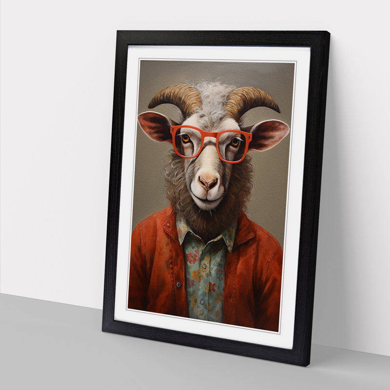 Ram Sheep With Glasses Painting - Single Picture Frame Print on Wood, Black Framed, 64cm H x 46cm W x 2cm D