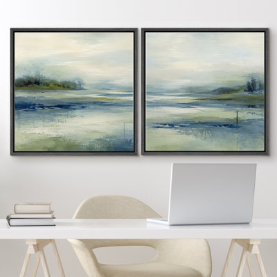 «Soft Blue Marsh Landscape with Calm Water Nature Decor», reproduction d'art sur toile encadrée, ensemble de 2 pièces