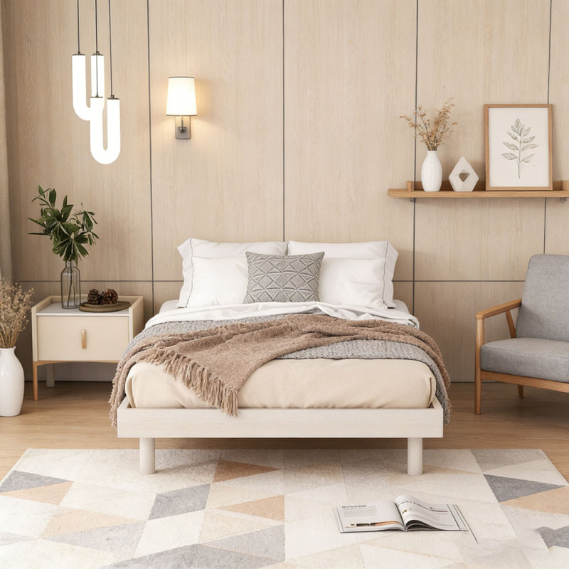 Base de lit plateforme moderne flottante, Lit simple, Blanchies