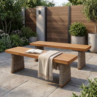 Henry Outdoor Acacia Wood Dining Bench With PE Wicker Legs