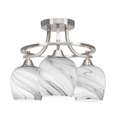 Plafonnier semi-encastré 3 lumières Neveya au fini nickel brossé avec verre tourbillon onyx de 6 po