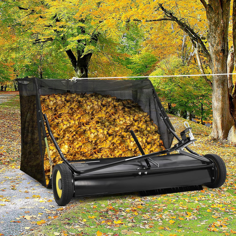 Tow Behind Lawn Sweeper, 52" Pull Behind Lawn Sweeper, Large Capacity Leaf & Grass Collector With Adjustable Sweeping Height And Dumping Rope Design For Picking Up Grass And Debris