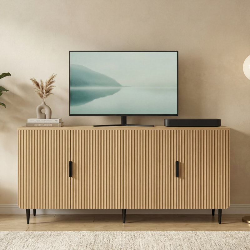 64.8" Natural Oak Fluted TV Stand with Storage Cabinet, Scandinavian Wood Media Console for TVs up to 75", Natural Wood/Black