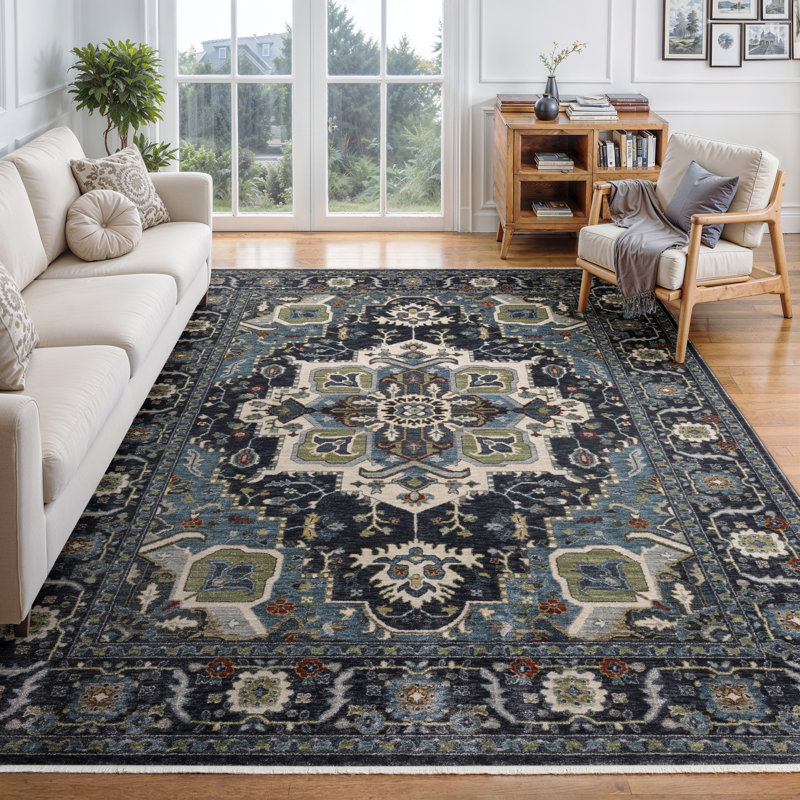 Caia Traditional Medallion Navy/ Blue Area Rug, Rectangle 7'10" x 11'2"