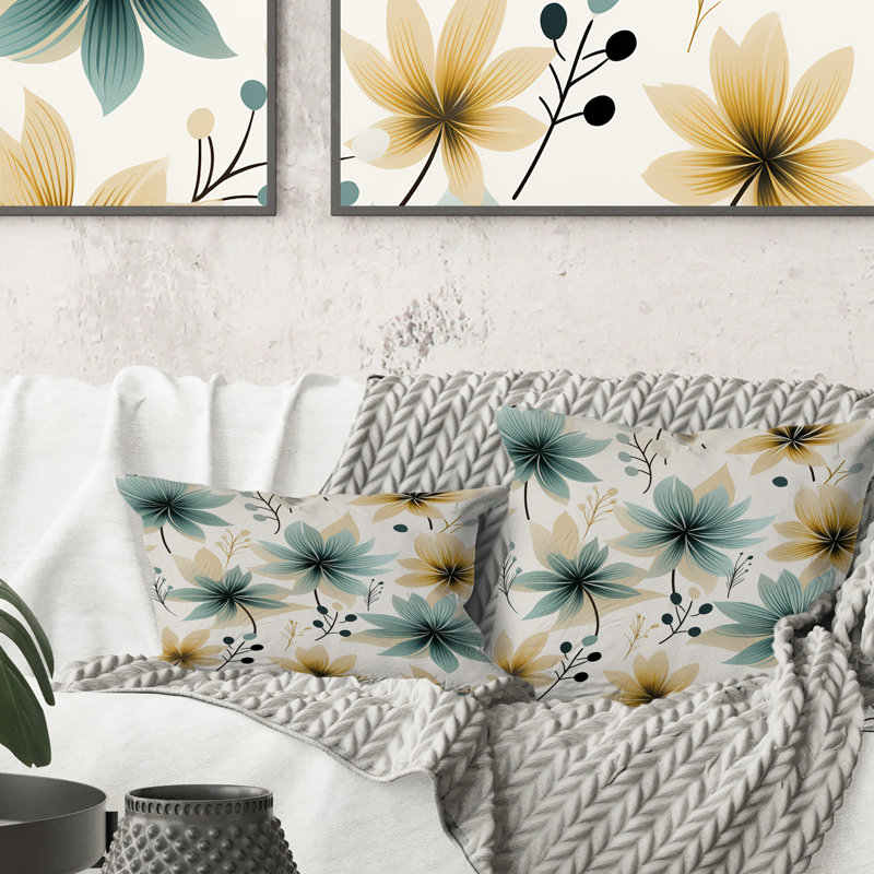 Motif floral élégant bleu sarcelle et beige - Coussin imprimé floral