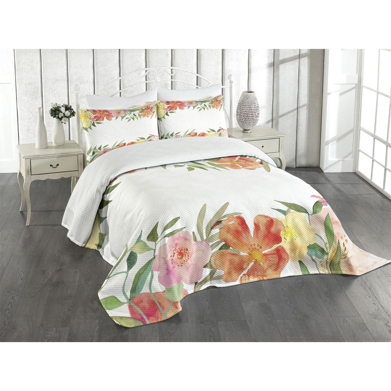 Ambesonne Shabby Flora Bedspread Set Soft Flower Petals Multicolor, King Coverlet/Bedspread + 2 Standard Shams