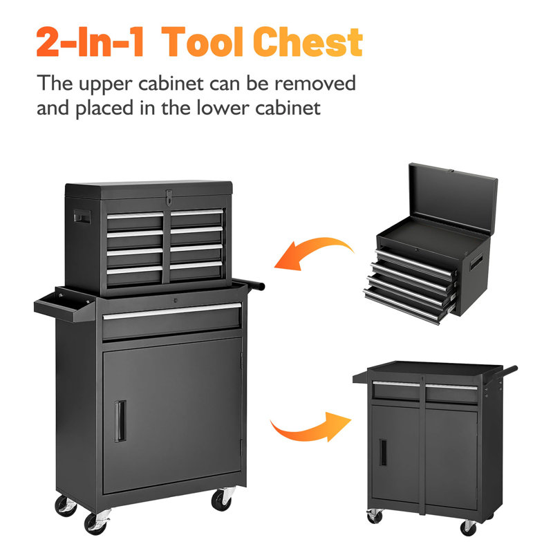 Five-drawer rolling tool storage cabinet with removable top toolbox, adjustable shelf