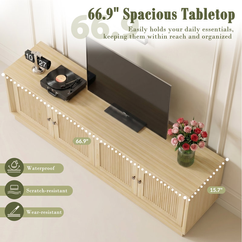 67" Mid Century Modern Tv Stand For Living Room, Wood Entertainment Center With Storage For Tvs Up To 75", Media Tv Console W/arched Fluted Doors & Adjustable Shelves For Bedroom, Natural