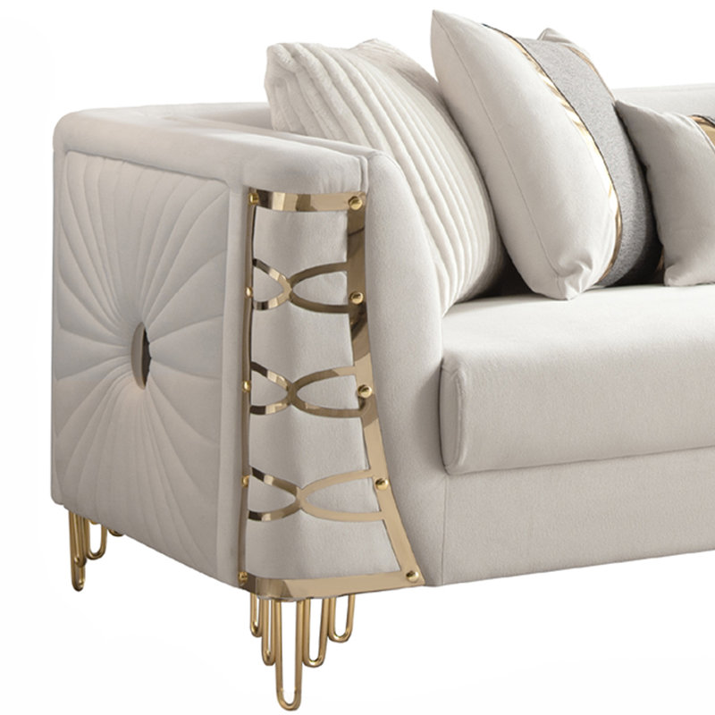 Ensemble de meubles de salon Aurelia Modern Glam avec garniture en acier inoxydable doré, sièges à ressorts ensachés et coussins décoratifs assortis