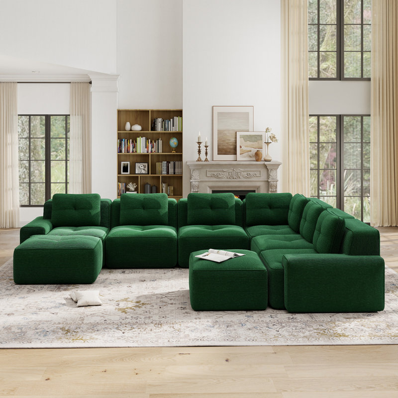Canapé modulaire en velours côtelé de 151 pouces en forme de V 6 places avec deux repose-pieds, pour le salon et le cinéma maison - vert