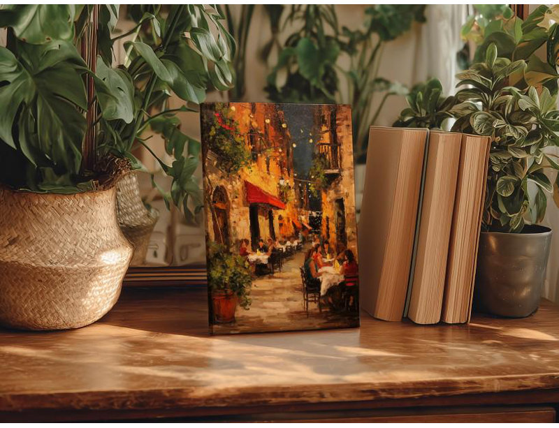 Impression sur toile romantique, allée italienne romantique, scène de café européenne impressionniste la nuit, art mural chaleureux pour la salle à manger, décor de restaurant toscan