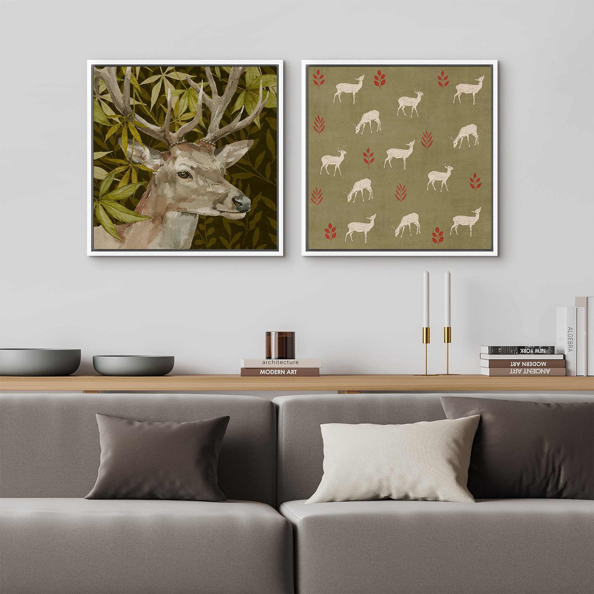 wall26 Deer Animals Green Artwork Framed Canvas Master Bedroom Wall Art ...
