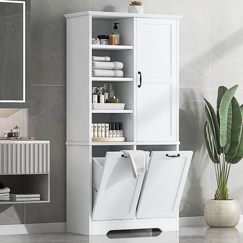 Armoire de rangement pour salle de bain avec portes et tiroirs, panier à linge inclinable