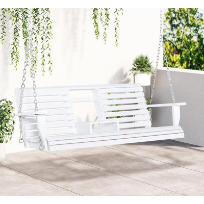 Balancelle 3 places en bois avec table basse pliable - Banc de patio avec porte-gobelets intégrés, chaînes robustes incluses, capacité de poids de 440 lb