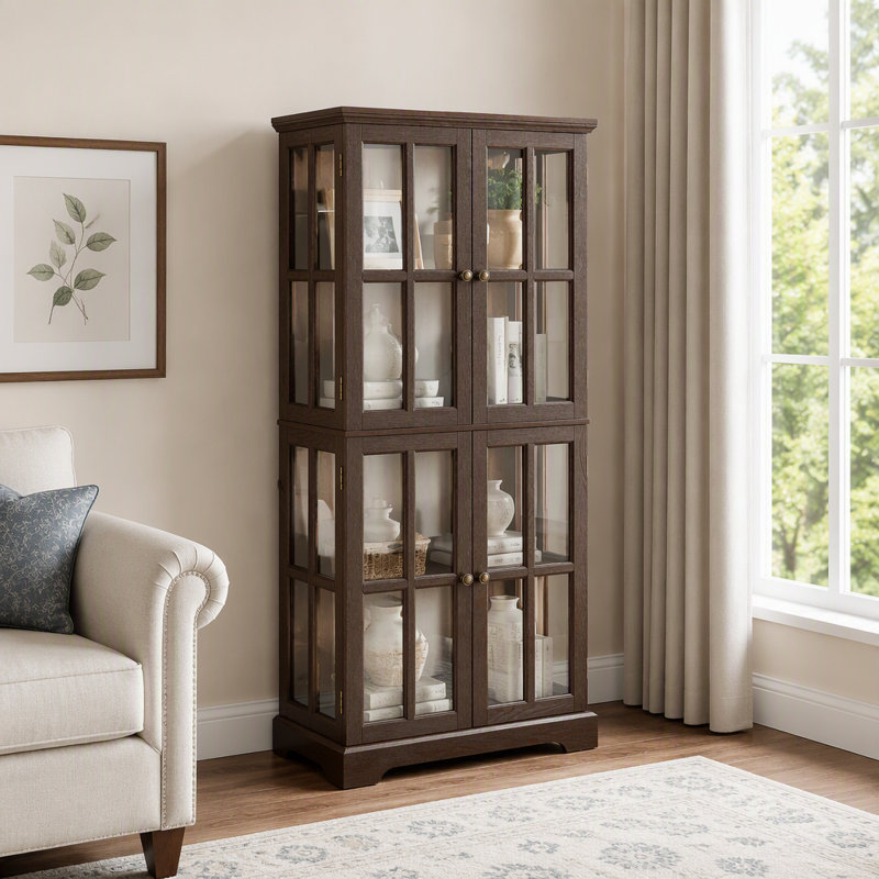Vitrine vintage en verre avec étagères ajustables et éclairage intégré pour un rangement élégant de vos objets de collection.