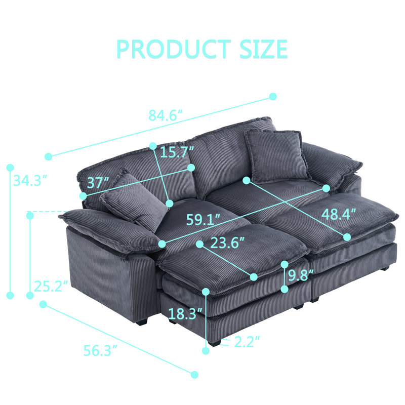Ariaha 84.6'' Oversized Modular Combo Sofa with Ottoman, Grey Corduroy