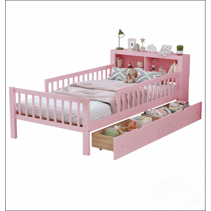 Lit simple avec rangement pour tête de lit, tiroirs sous le lit et garde-corps de sécurité pour le confort et l'organisation, rose