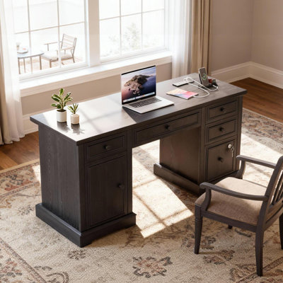 59" Farmhouse Computer Desk With Drawers & Power Outlets - Lockable File Cabinet, Rustic Wood Executive Desk