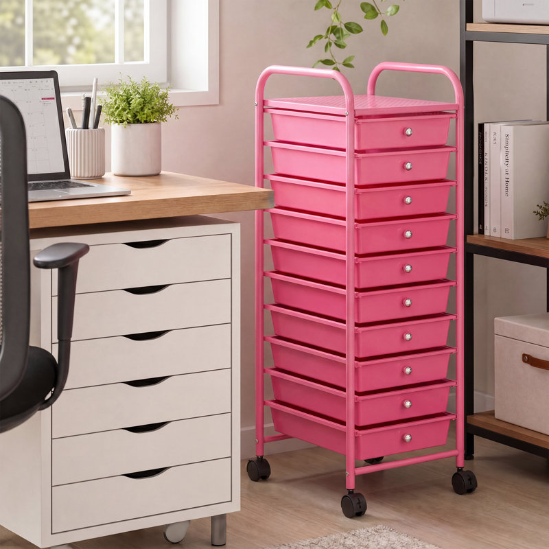 Chariot de rangement à roulettes à 10 tiroirs pour le bureau et la maison - Chariot utilitaire mobile à roulettes - Organisez vos fournitures de loisirs créatifs, maquillage et produits de base pour l'entraînement - Rose rouge