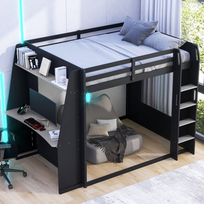 Lit mezzanine en bois avec bureau Paulson, étagères, port USB et éclairage à DEL Paulson