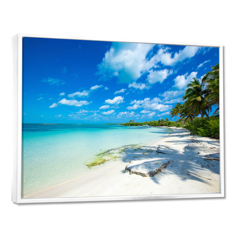 «Tropical Beach with Palm Shadows» de Mattos - reproduction de photo, Cadre flottant blanc, H 24 po x l 32 po