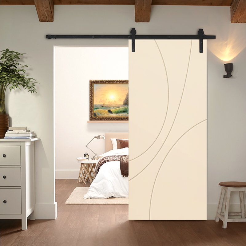 Panelled Wood and Metal Barn Door with Installation Hardware Kit, 42" x 84", Beige, Matte Black