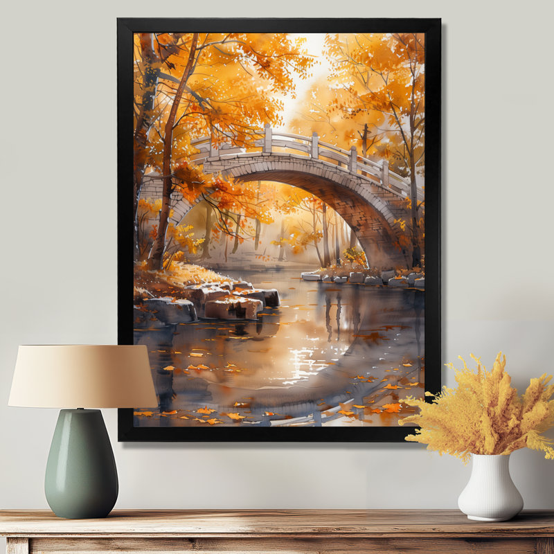 Décoration murale jaune et beige, automne, rivière de beauté IV - Ponts, H 32 po x l 24 po x P 1 po, Cadre simple noir