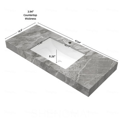48"Sintered Stone Countertop and Undermount Ceramic Basin with Three Standard Pre-drilled Faucet Holes, NO Cabinet, NO Faucet and Sink Cover