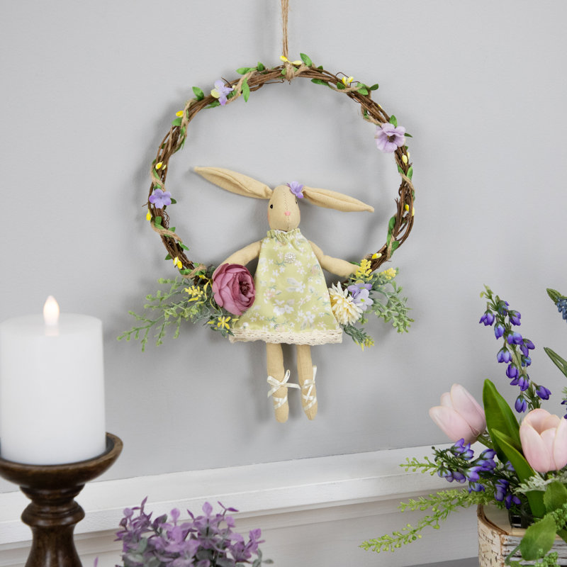 Girl Bunny Artificial Floral Easter Wreath - 10"