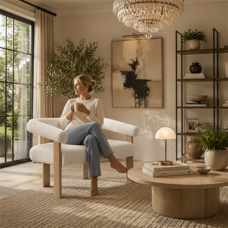Causeuse ronde avec accoudoirs, Beige, Natural