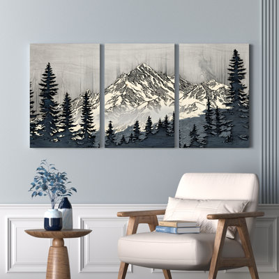 Mountain Landscape With Pine Trees And Snowy Peaks Canvas Wrapped Wall Art Set Of 3