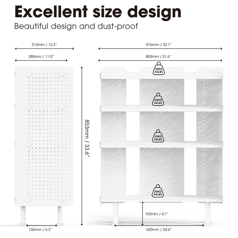 4 Tier Bookshelf, Modern Open Bookcase with Pegboard, (4 Shelves) 33.6"H x 32.1"W x 12.3"D, Black